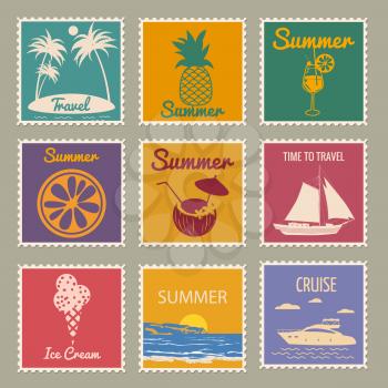 Set Postage stamp summer vacation Sunset Jar Ice Cream Yacht Sailboat Pineapple