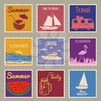 Set Postage stamp summer vacation Sunset Watermelon Jar Yacht Van Sailboat Flamingo