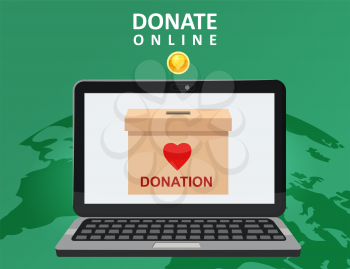 Donate online payments. Make a donation box on a laptop PC display. Charity fundraising concept.