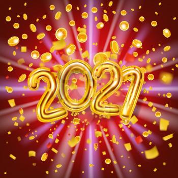 2021 Happy New Year decoration holiday background. Gold realistic 3d balloons foil metallic numbers explosion of glitter gold confetti coins. Vector illustration celebrate festive party, poster, banner