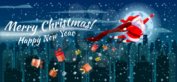 Santa Claus funny as Superhero wearing cape flying over the night modern city, buildings, skyscrapers giving out gift boxes. Merry Christmas poster background cartoon style illustration isolated