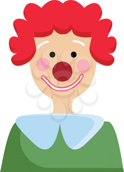 Simple vector illustration of a clown with green shirt and red curley hair white background.