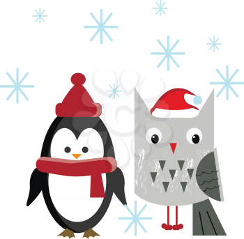 An owl and penguin in red Santa hat and scarf is participating in Christmas celebration party vector color drawing or illustration 