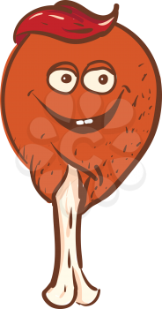Smiling cute fried chicken leg with ketchup  vector illustration on white background 