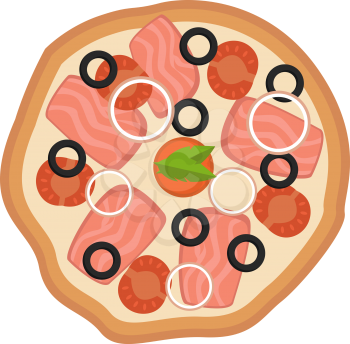 Pizza with onionstomato and olives illustration vector on white background