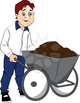 Vector illustration of man pushing cement in wheelbarrow.