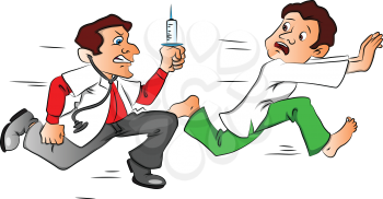 Vector illustration of shocked male patient escaping from the doctor with a syringe.