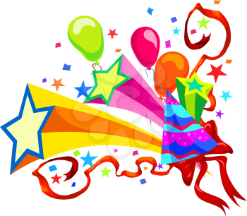 Celebration with balloons, stars, party hats, ribbons and confetti, vector illustration