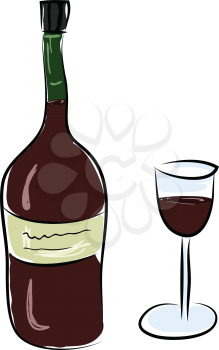 A red wine bottle with glass vector or color illustration