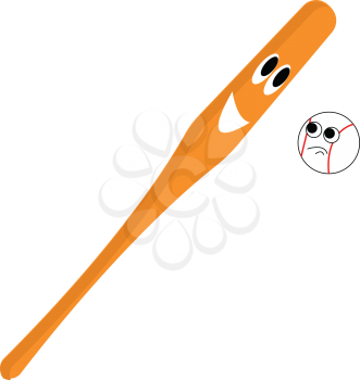A brown baseball bat with a happy face and a white baseball with a sad face looking at each other vector color drawing or illustration 