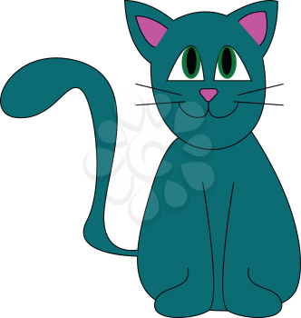 A blue cat with purple ears and nose smiling with its tail lifted up vector color drawing or illustration 
