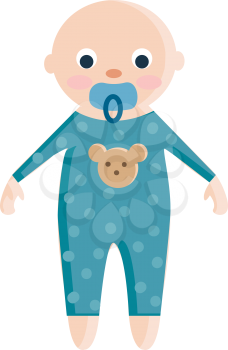 A baby with pink skin wearing a blue jumpsuit with a bear print and a blue pacifier in the mouth vector color drawing or illustration 