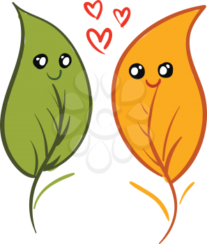 Two green and yellow colored leaves smiling at each other are in love vector color drawing or illustration 