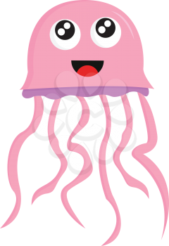 A laughing pink-colored cartoon jellyfish with bulging eyes umbrella-shaped bells and trailing tentacles vector color drawing or illustration 