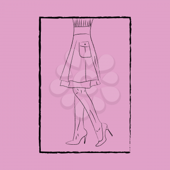 Line art of the body of a beautiful woman with her gown knitted with a pocket and legs with fashionable heels enclosed in a black rectangular frame vector color drawing or illustration 