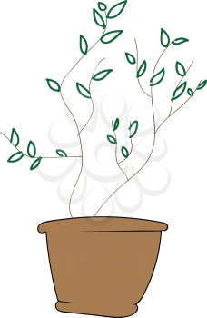 Line art of a brown-colored earthen pot with oval-shaped green leaves vector color drawing or illustration 