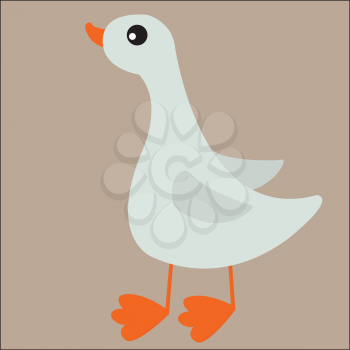 A white-colored cartoon duck with an orange-colored beak and webfoot stands while looking for prey vector color drawing or illustration 