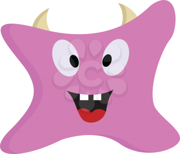 Cute smiling pink monster with white horns vector illustration on white background