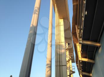 Steel tower structure at baseball stadium, scoreboard for Los Angeles Dodgers on blue sky