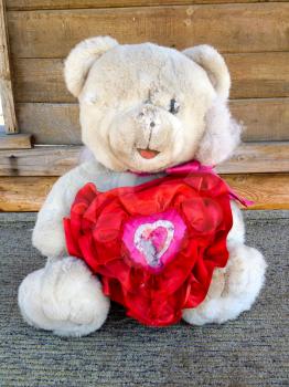 teddy bear old and ripped beat up looking with broken eye and heart