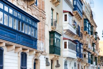 Valletta, Malta - 5 January 2020: Typical Maltese blinds and balconies
