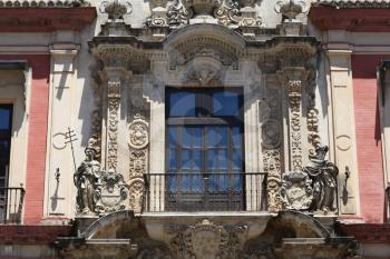 Seville, Spain- 29 July 2013: Balcony of Palace of San Telmo (Spanish: Palacio de San Telmo),historical edifice, formerly the Universidad de Mareantes