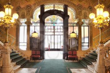 Ornate interior design of entrance hall at Palau de la Musica in Barcelona