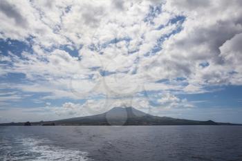 Traveling from PIco Island to Faial, Pico mountain view from the sea, Azores, Portugal