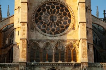 Leon, Spain - 10 December 2018: Leon cathedral rose window close-up at sunset