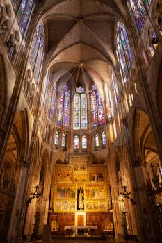 Leon, Spain - 10 December 2019: Interior of Leon Cathedral, altar