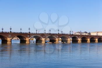Bordeaux, France: 22 February 2020: Pont de pierre (Stone Bridge) on a bright sunny day