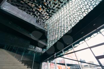 Reykjavik, Iceland - 17 June 2014: Interior of Harpa concert hall showing wide open spaces and stairs