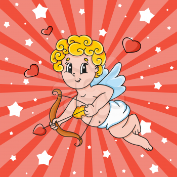 A cupid with wings flies and holds a bow and arrow. Cute cartoon character. Valentine's Day. Colorful vector illustration. Isolated on color background. Template for your design.