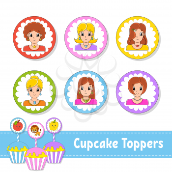 Cupcake Toppers. Set of six round pictures. Beautiful smile girls. Cartoon characters. Cute image. For birhday, party, baby shower.