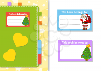 Book label stickers for kids. The rectangular shape. Christmas theme. Isolated color vector illustration. Cartoon character. For the diary, notebook, book.