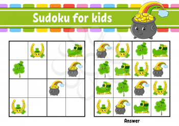 Sudoku for kids. Education developing worksheet. Cartoon character. Color activity page. Puzzle game for children. Logical thinking training. Isolated vector illustration. St. Patrick's day.