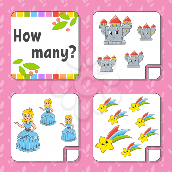 Counting game for children. Happy characters. Learning mathematics. How many object in the picture. Education worksheet. With space for answers. Isolated vector illustration in cute cartoon style.