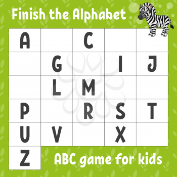 Finish the alphabet. ABC game for kids. Education developing worksheet. Cute zebra. Learning game for kids. Color activity page.