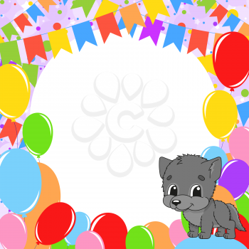 Happy birthday greeting card with a cute cartoon character. With copy space for your text. Picture on the background of bright balloons, confetti and garlands. Color vector isolated illustration.