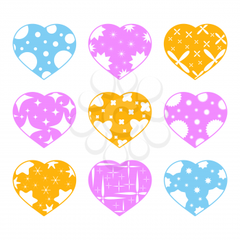 Set of color hearts isolated on white background. With abstract pattern. Simple flat vector illustration. Suitable for greeting card, weddings, holidays, sites.