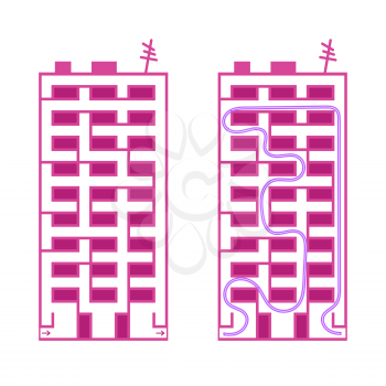 Abstract rectangular isolated labyrinth in the shape of a building. Pink color on a white background. An interesting game for children. Simple flat vector illustration. With the answer.
