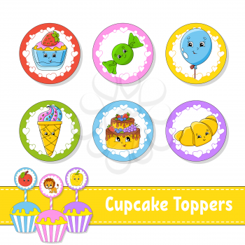 Cupcake Toppers. Set of six round pictures. Cartoon characters. Cute image. For birthday, party, baby shower.