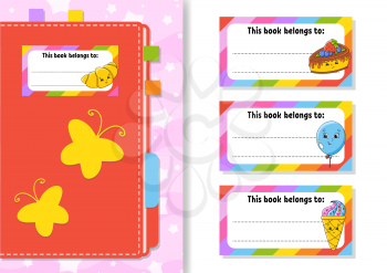Book label stickers for kids. The rectangular shape. Isolated color vector illustration. Cartoon character. For the diary, notebook, book.