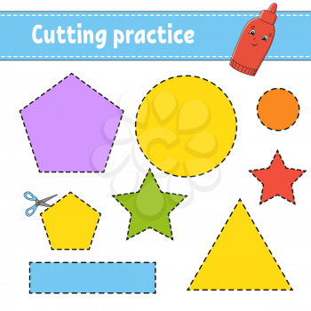 Cutting practice for kids. Education developing worksheet. Activity page with pictures. Color game for children. Isolated vector illustration. Funny character. Cartoon style.