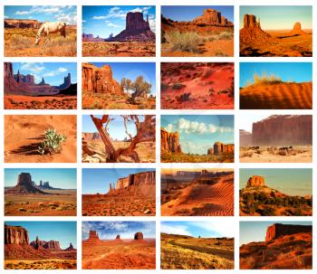 Collage of 20 images from famous location in Monument Valley, Arizona, USA 