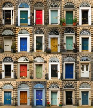 Collage of old and colorful doors from Edinburg, Scotland