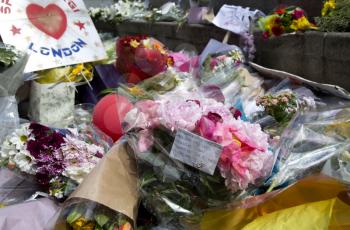 LONDON, UK - JUNE 7, 2017: Floral tributes laid at the site of the London terrorist attack at London Bridge on the 3rd of june 2017.