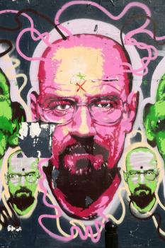MONTREAL, CANADA, JUNE 3, 2015:  Breaking bad graffiti in pink.  Festival mural is a popular festival of street art which is a really popular art in Montreal.
