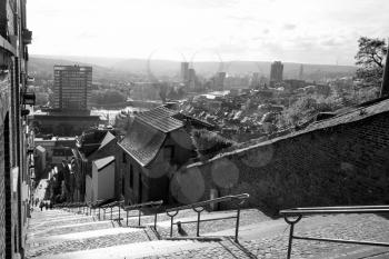 View of Montagne de Bueren, a 374-step staircase in Liege, Belgium with the view of the city in black and white