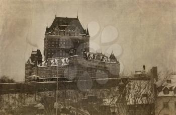 View of Chateau Frontenac in Quebec city, Canada in sepia with textures.  Cross processed to look like and used picture.